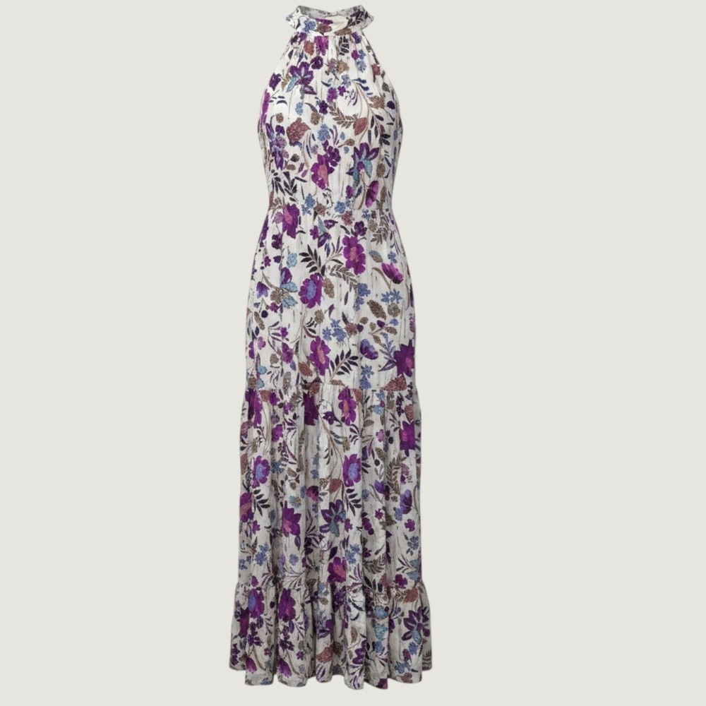 NWT 1.STATE Floral Halter Maxi Dress Womens S White Purple Boho Garden Party